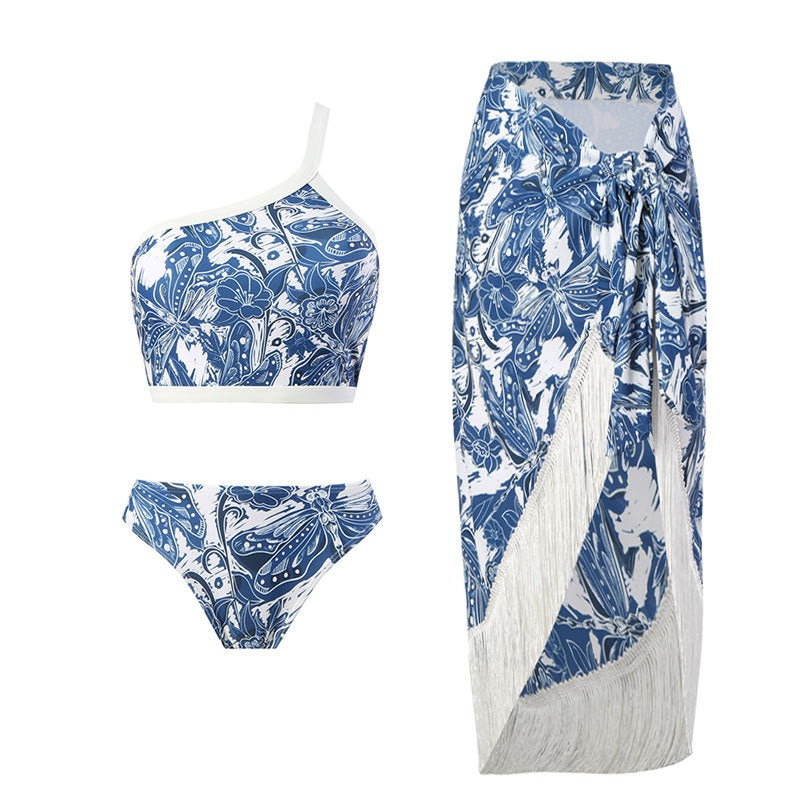 New Women's Swimwear Bikini Swimsuit Sexy Summer Beach Wear Skirt One Shoulder Bikinis Set Tassel Bathing Suit Dress
